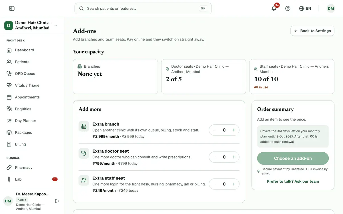 The Add-ons page: Your capacity shows branches, doctor seats and staff seats in use, above the Add more list.