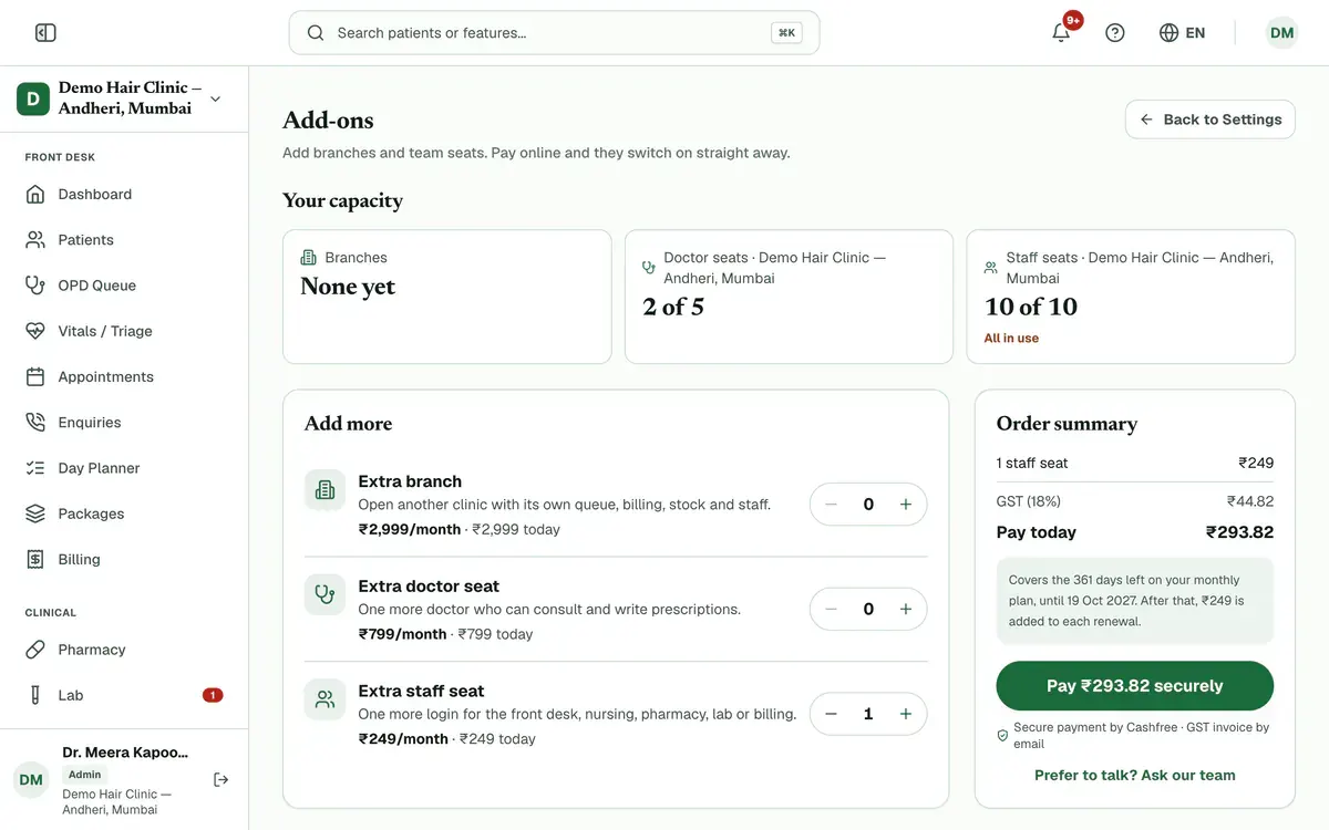One extra staff seat chosen with the plus button, and the Order summary showing the price, GST and the total to pay today.