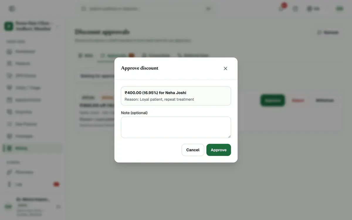 The Approve discount box with the amount and reason, an optional note field and the Approve button.