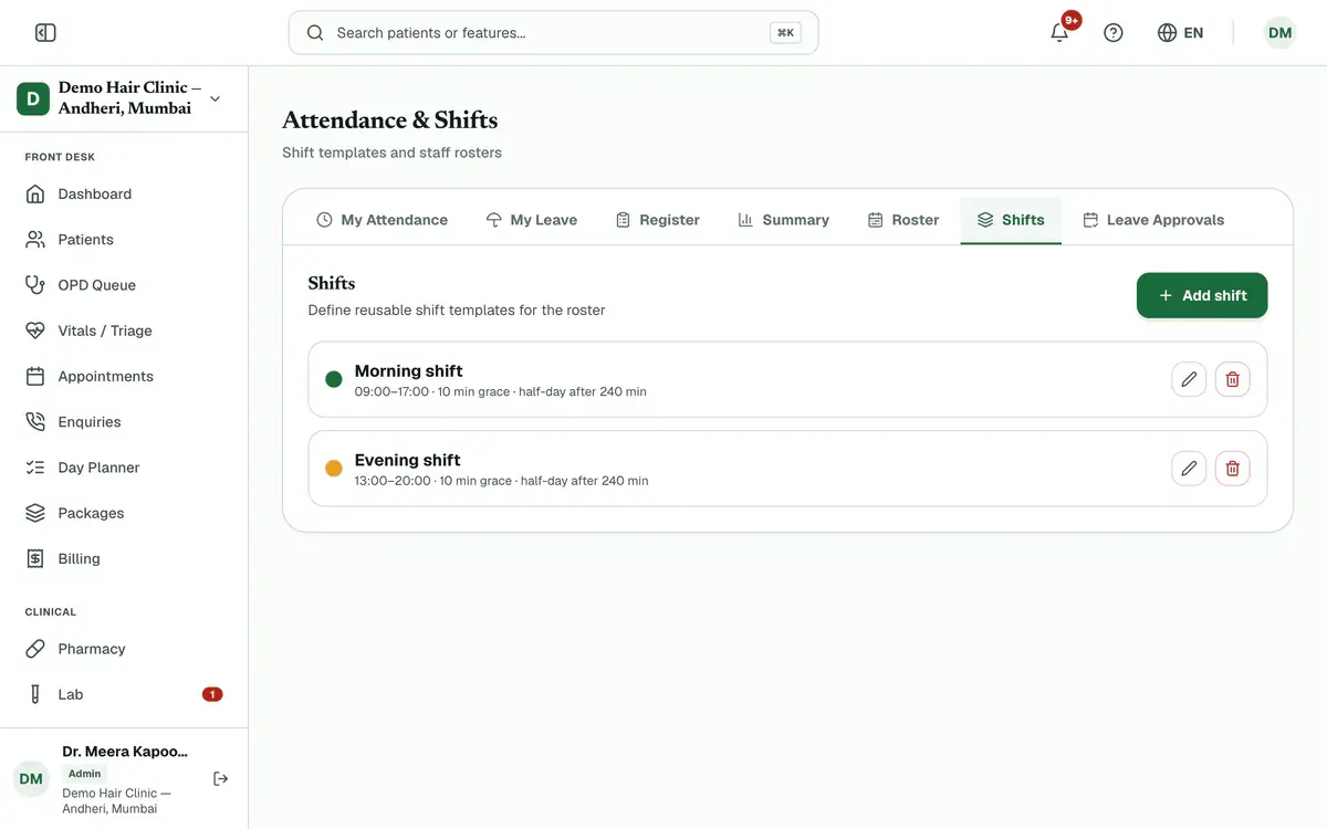 The Shifts tab on the Attendance page, with two shifts listed and the Add shift button at the top right.