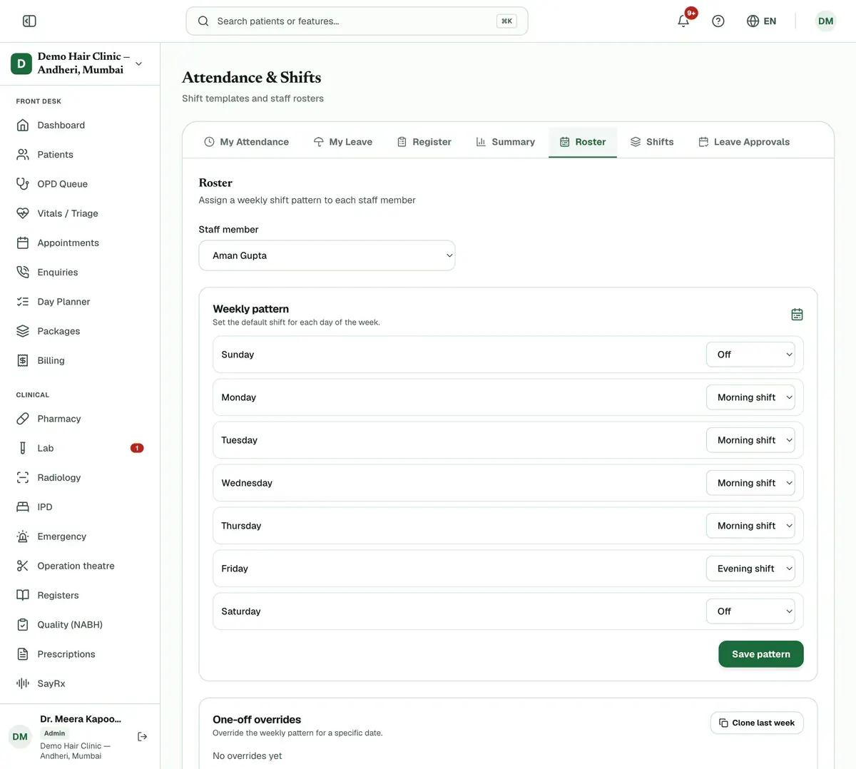The Roster tab with a staff member chosen and a shift picked for each day of the week, above the Save pattern button.