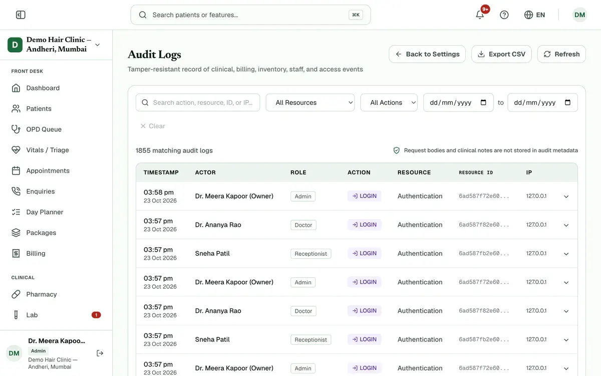 Audit Logs with the search box, the resource, action and date filters, the Export CSV button and the table of events.