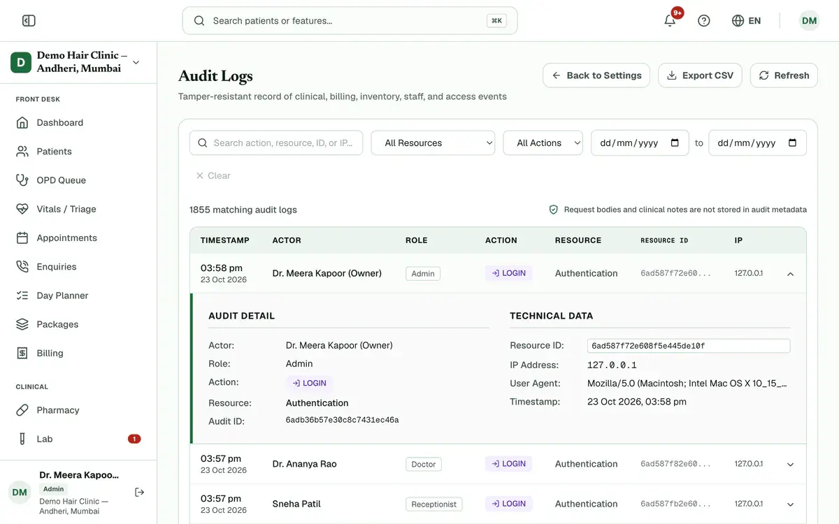 An audit row opened to show its details: the actor, role, action, resource, IP address and device.