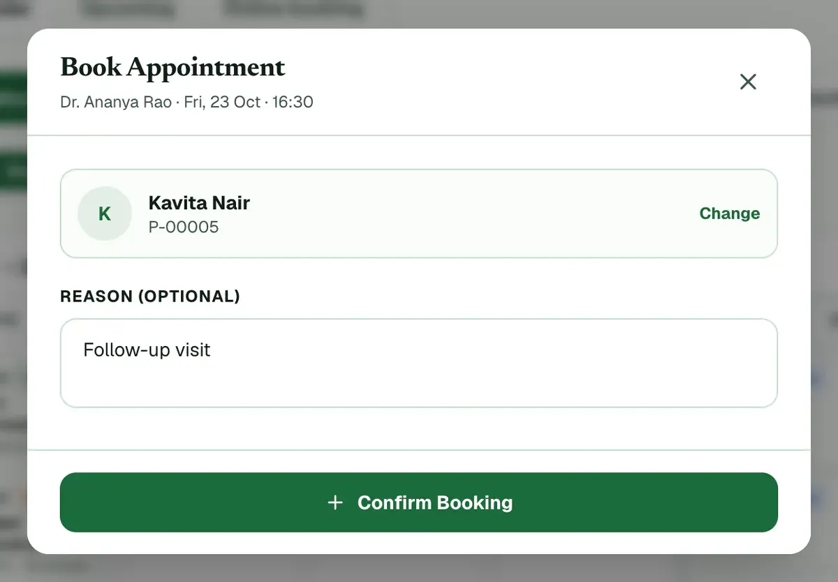 The booking window with the patient chosen, a reason typed in and the Confirm Booking button marked.