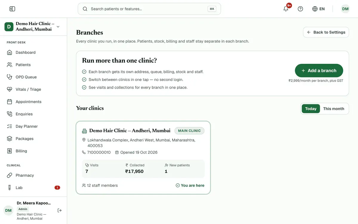 The Branches page for a clinic with no free branch: a “Run more than one clinic?” card with an Add a branch button, above the main clinic card.