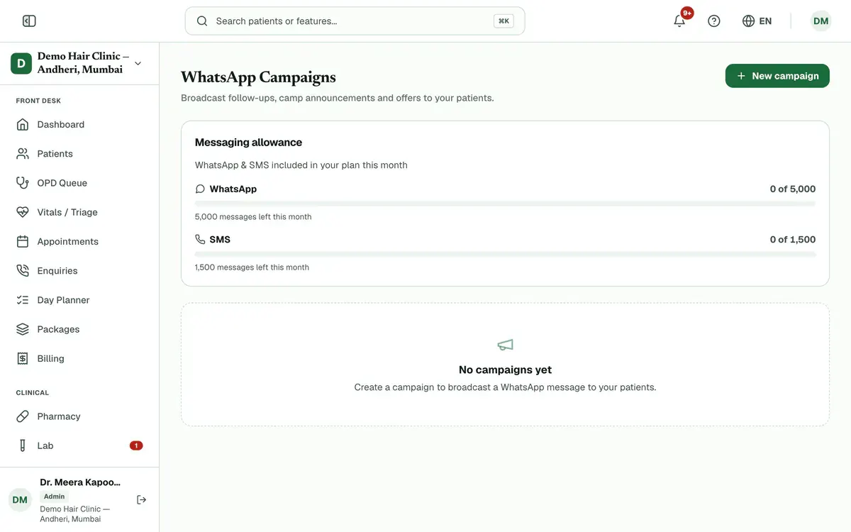 The WhatsApp Campaigns page with the Messaging allowance panel, the New campaign button and an empty campaign list.