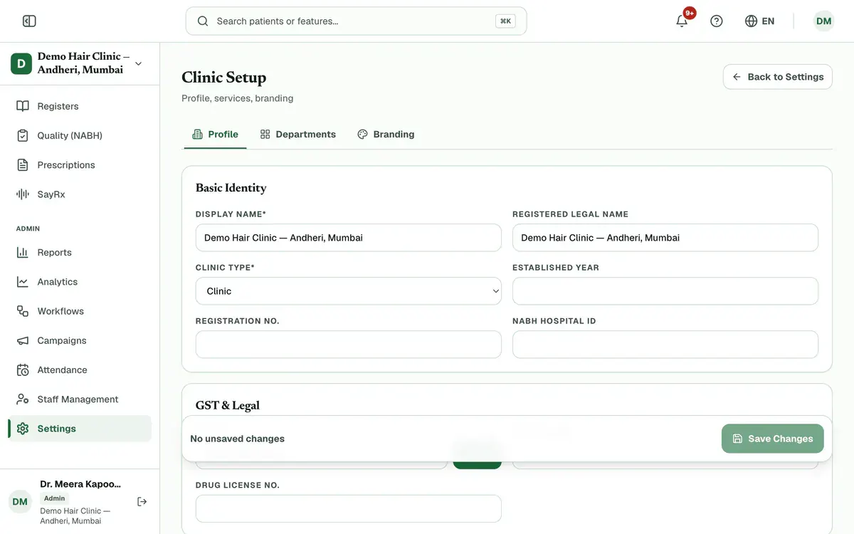 Clinic Setup open on the Profile tab, with the Profile, Departments and Branding tabs above the Basic Identity form.