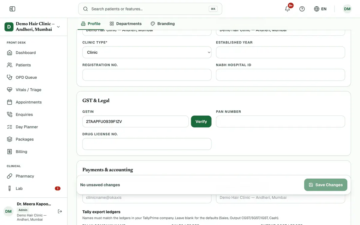 The GST & Legal section with the GSTIN box filled in and the Verify button beside it.
