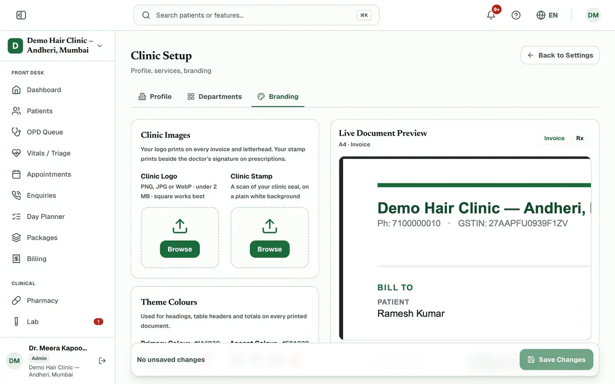 The Branding tab with the Clinic Images section: a Browse button for the logo and one for the stamp.