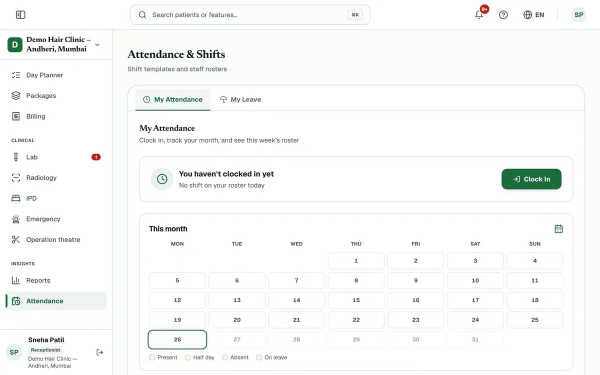 The Attendance page for a receptionist: Attendance in the left menu, the My Attendance tab and the Clock In button.