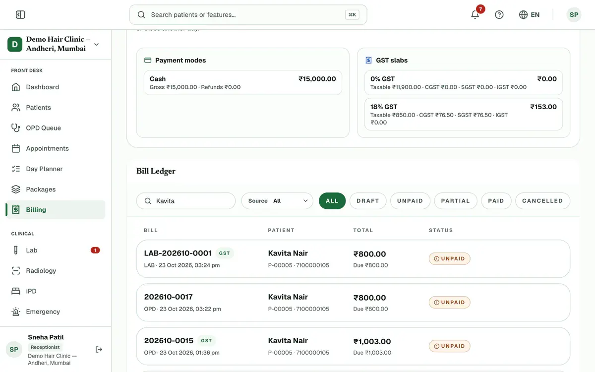 The Bill Ledger with “Kavita” typed in the search box, the status chips beside it and the matching bills listed below.
