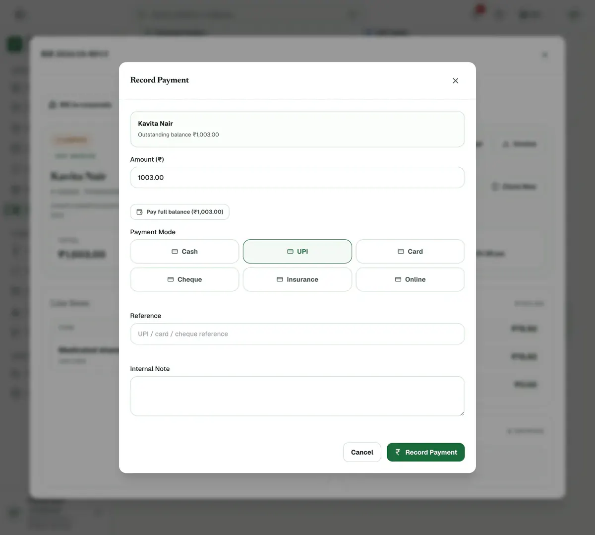 The Record Payment box with the amount filled in, the Pay full balance button, the payment modes from Cash to Online and the Record Payment button.