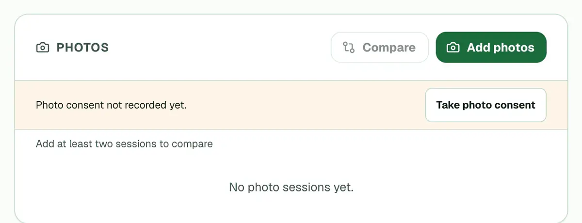 The Photos card on a patient’s record, with Add photos highlighted and Compare switched off until there are two sessions.