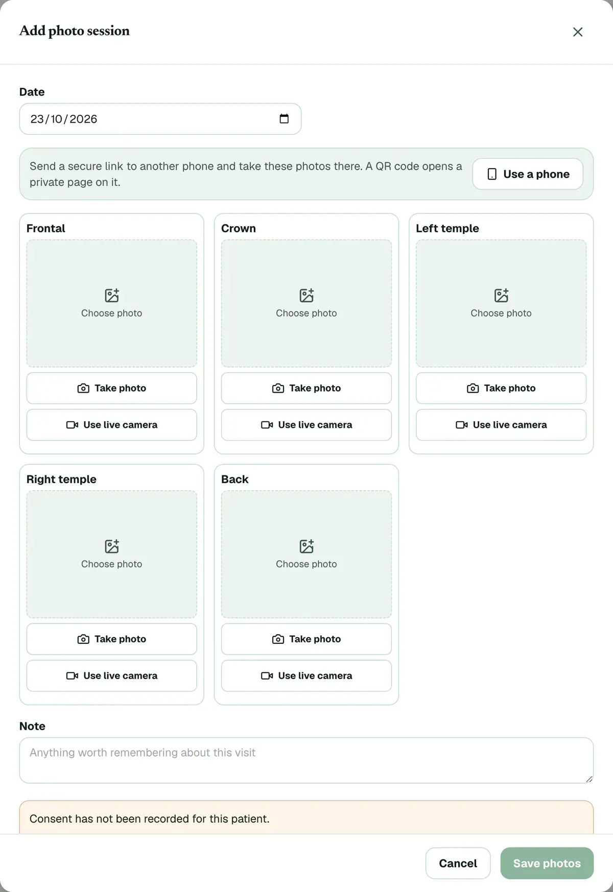 The Add photo session form, with Choose photo, Take photo and Use live camera for each view, and the Use a phone button.