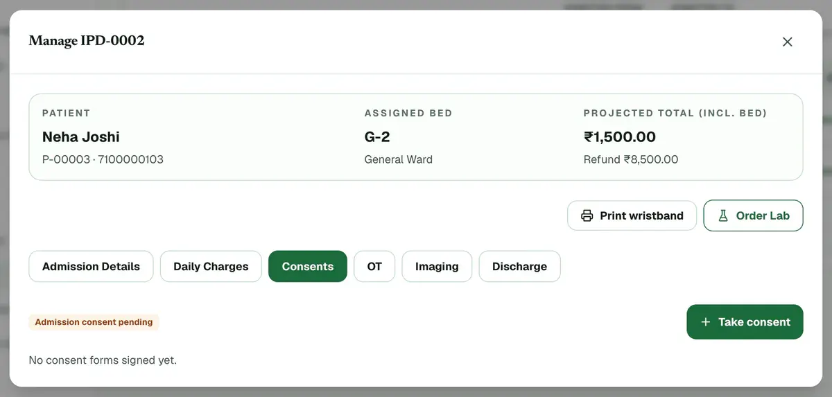 The Consents tab of the Manage window, with the admission consent status and the Take consent button highlighted.