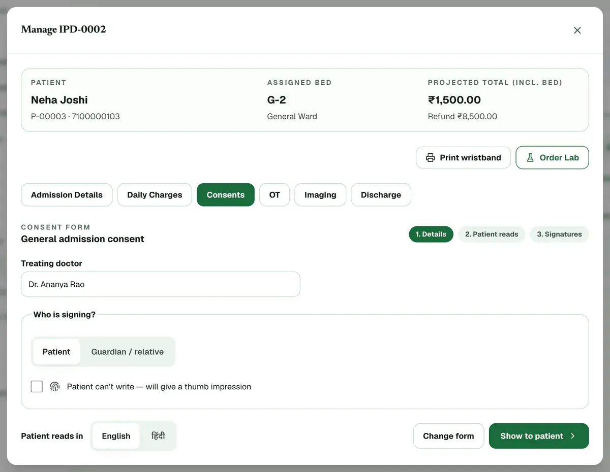 The consent form details step, with the Who is signing? choice and the Show to patient button highlighted.