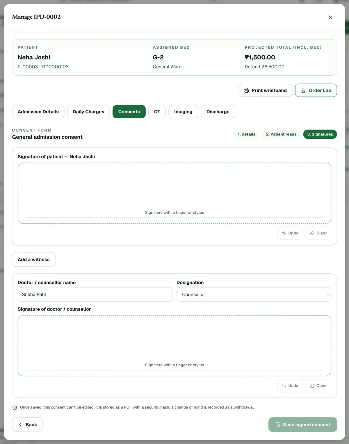 The signatures step, with the signature pad for the doctor or counsellor and the Save signed consent button highlighted.
