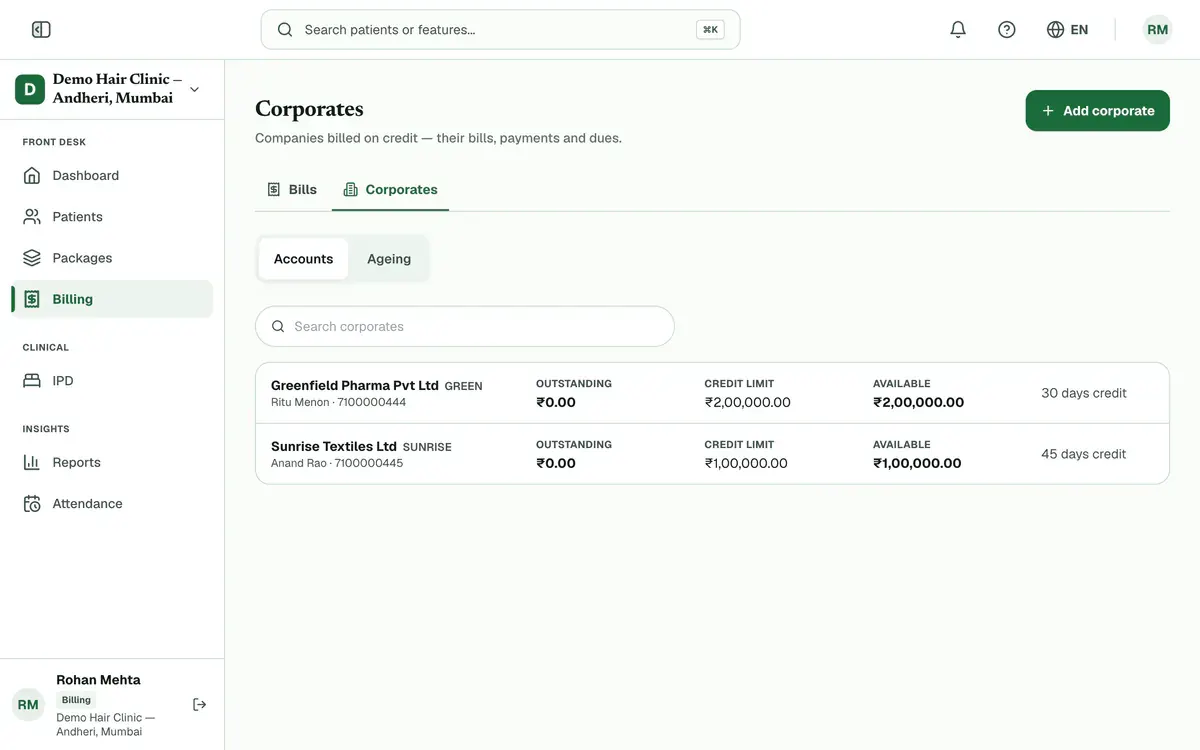 The Corporates tab in Billing, with the Add corporate button, the Accounts and Ageing views and two company accounts listed.