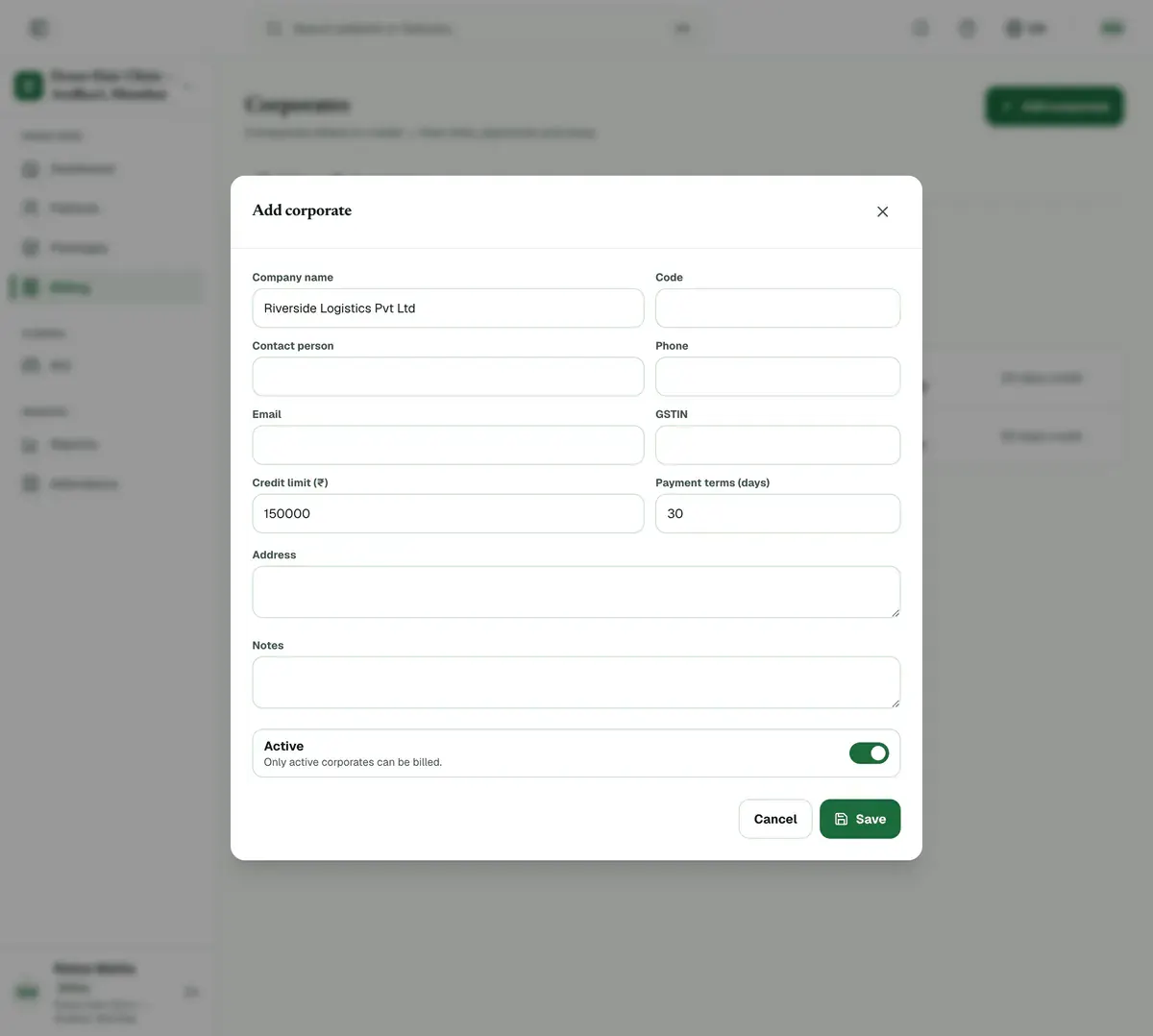 The Add corporate form with the company name and credit limit filled in and the payment terms set to 30 days.