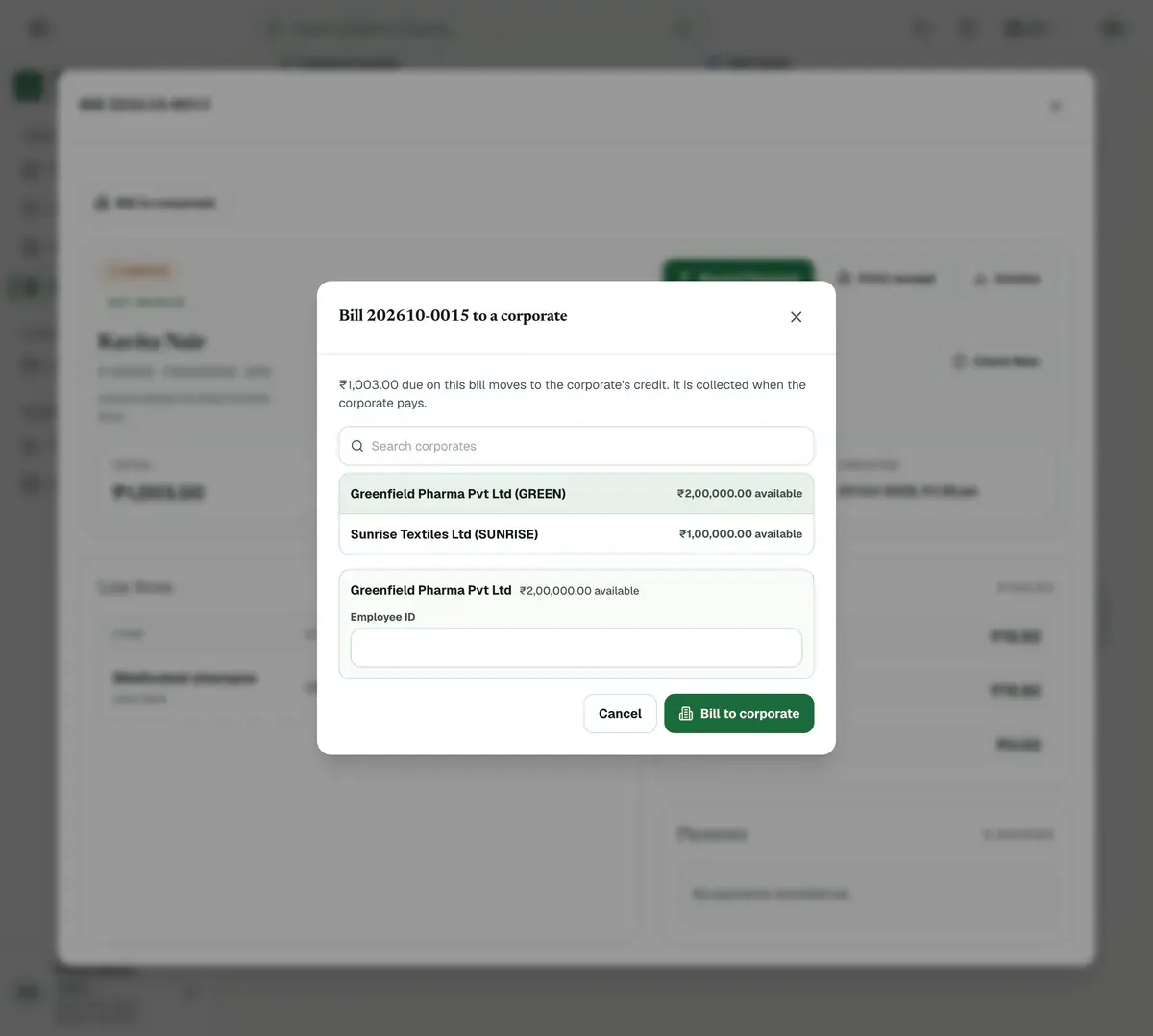 The Bill to a corporate box on an unpaid bill, with a company chosen, the Employee ID field and the Bill to corporate button.