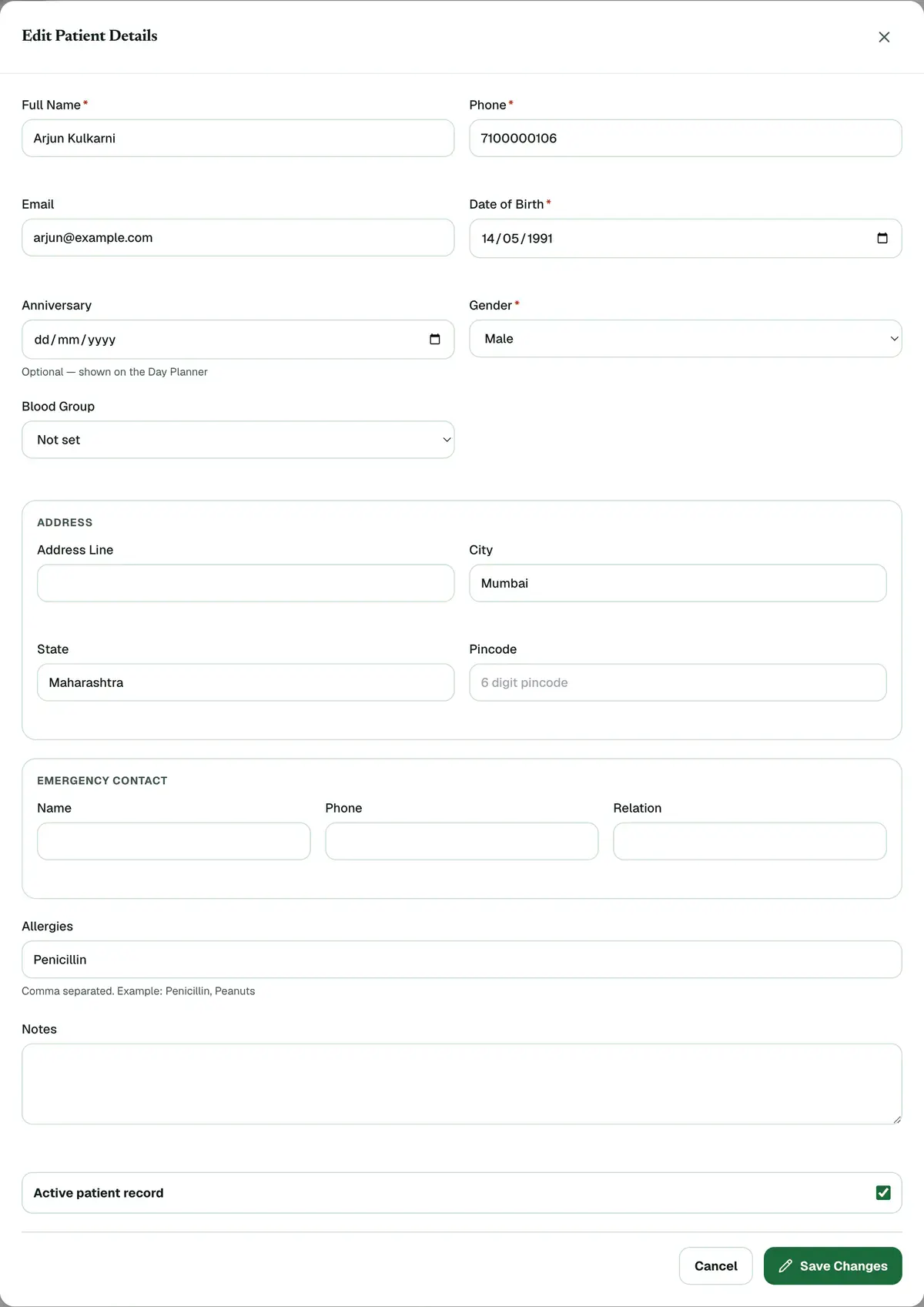 The Edit Patient Details form with the phone number and allergies fields and the Save Changes button highlighted.