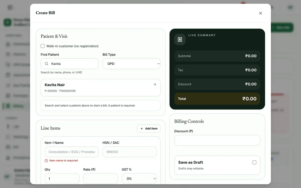 The Create Bill window with the patient search box and the Walk-in customer option highlighted.
