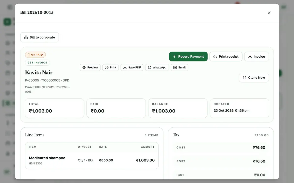 The saved bill with the Record Payment button highlighted.