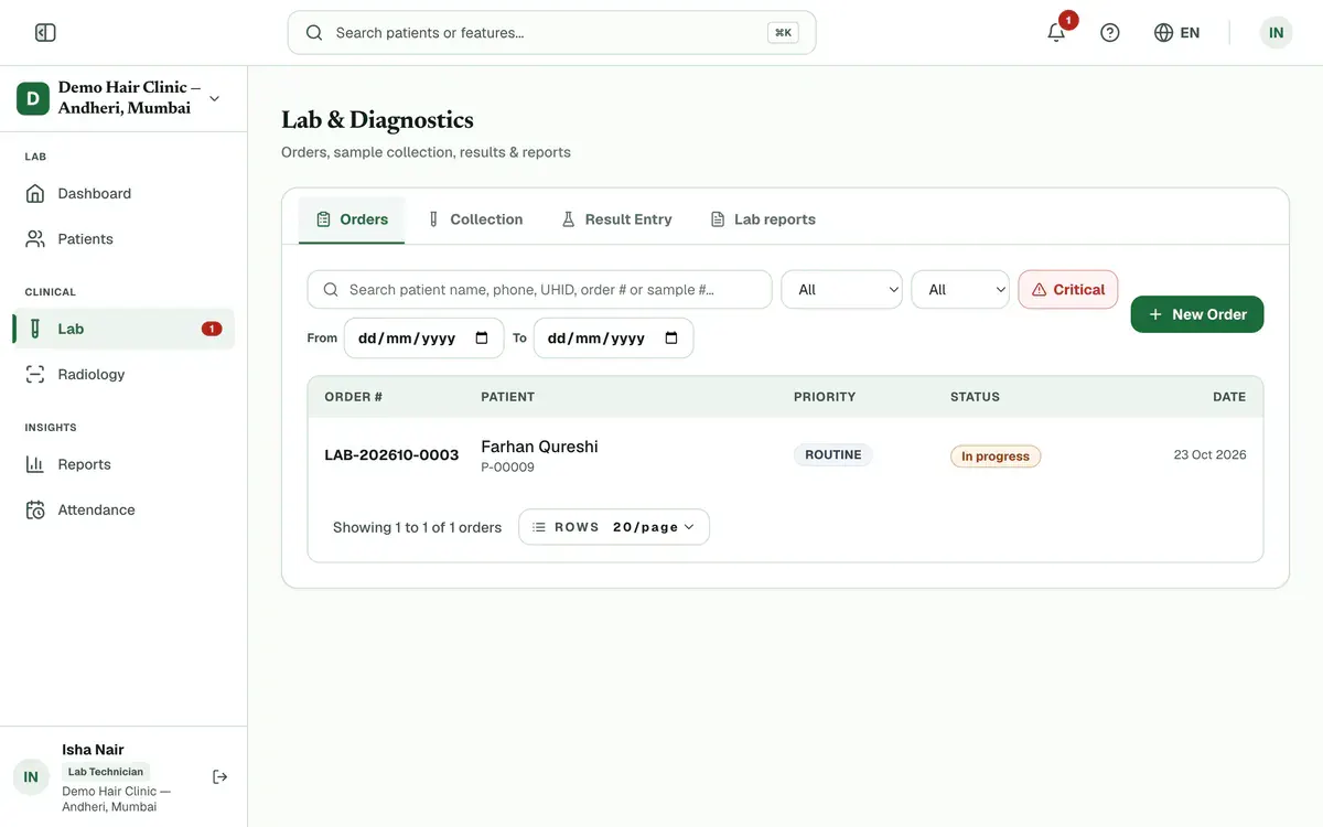 The Lab menu item with its number badge, and the Orders list filtered to critical results with the Critical filter highlighted.