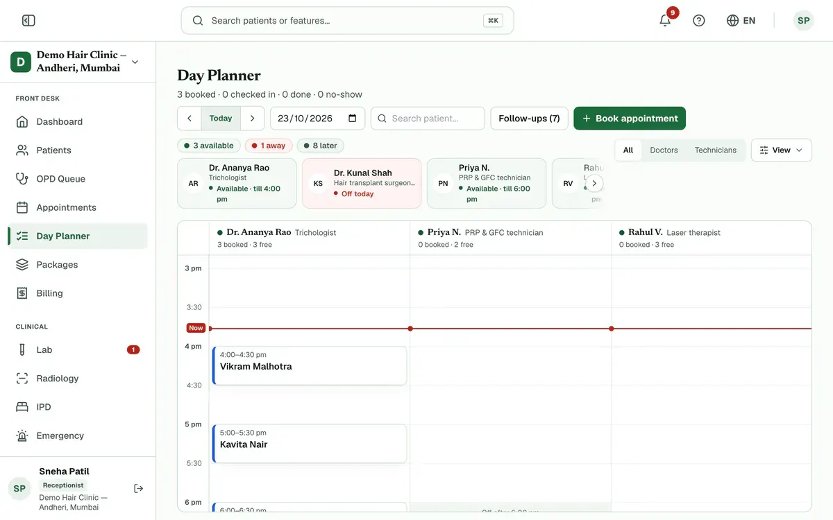 The Day Planner with the Team now strip, the doctor and technician columns and the Book appointment button marked.