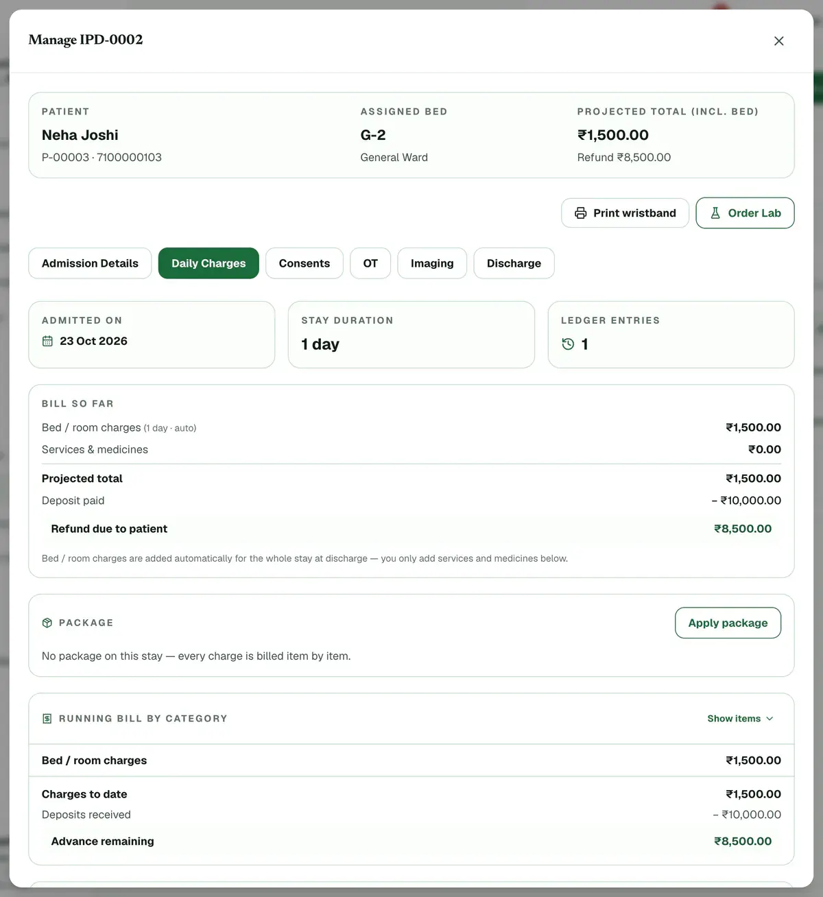 The Daily Charges tab of the Manage window, with the Package card and the running bill by category highlighted.