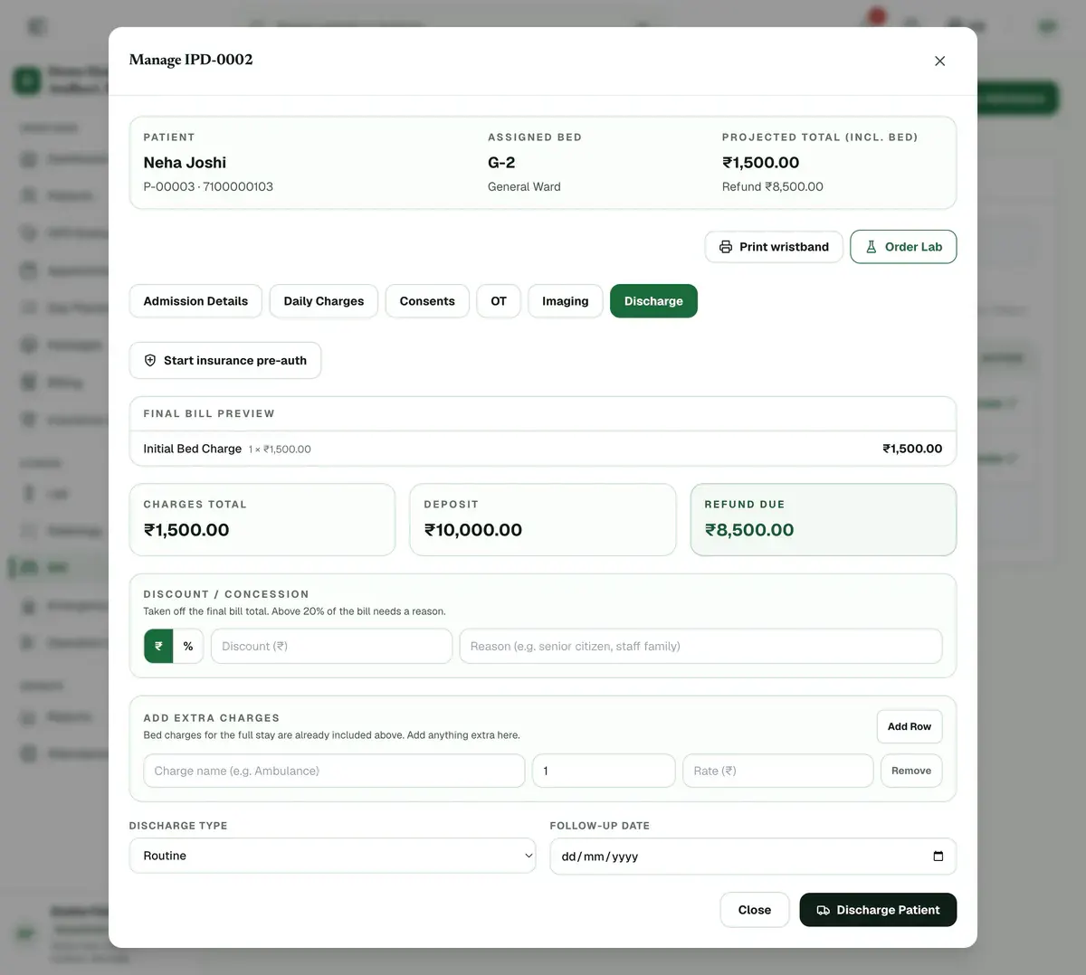 The Discharge tab, showing the final bill preview, the discount box and extra charges, with the Discharge Patient button highlighted.