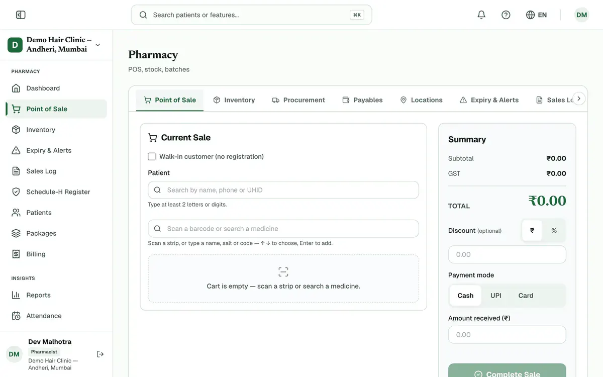 The Point of Sale tab with the Point of Sale menu item and the customer search highlighted.