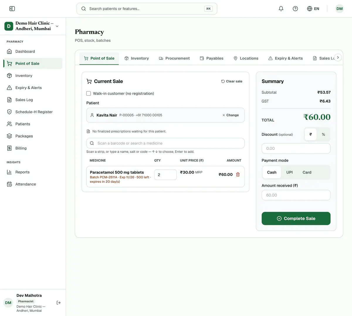 A sale in progress: the patient is chosen, one medicine is in the cart and the Complete Sale button is highlighted.