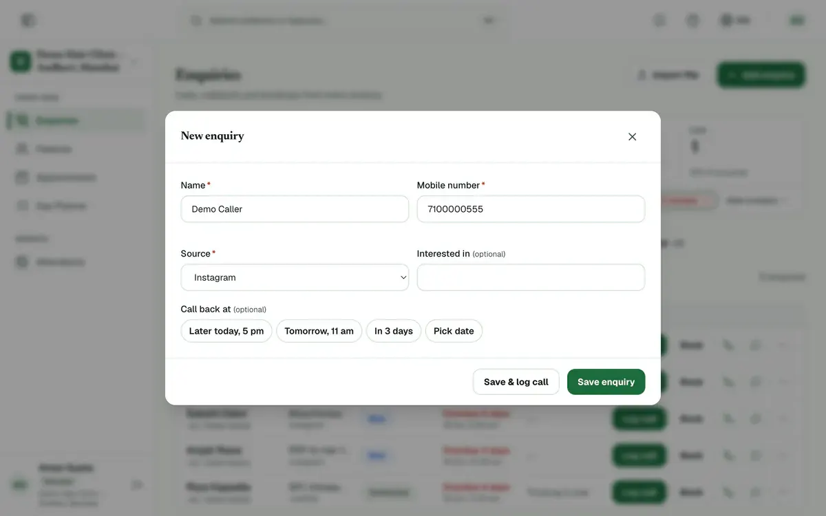 The New enquiry window with the name, the mobile number and the Save enquiry button marked.