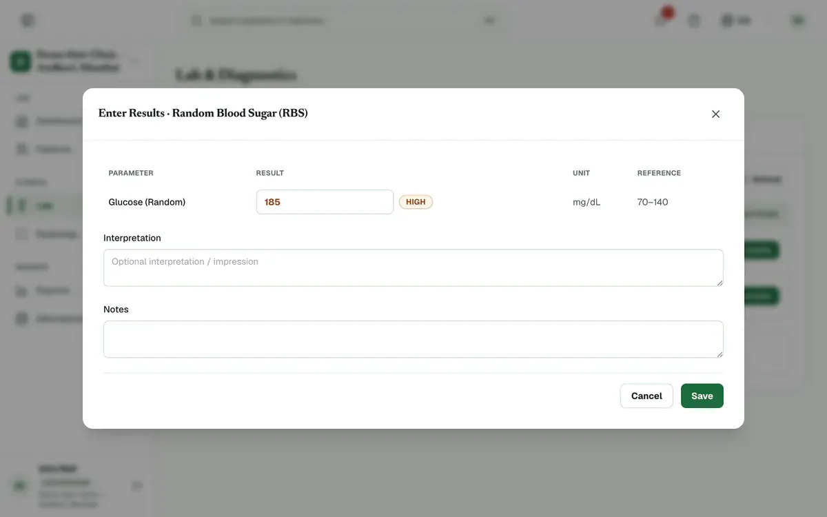 The result entry form for blood sugar with a high value typed in, its badge beside it and the Save button highlighted.