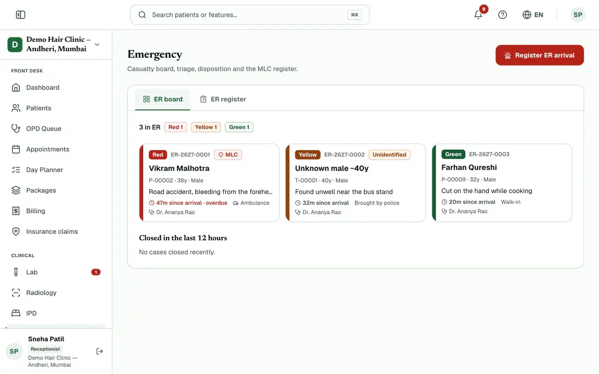 The Emergency page with the Register ER arrival button, the triage counts and the first case card highlighted.
