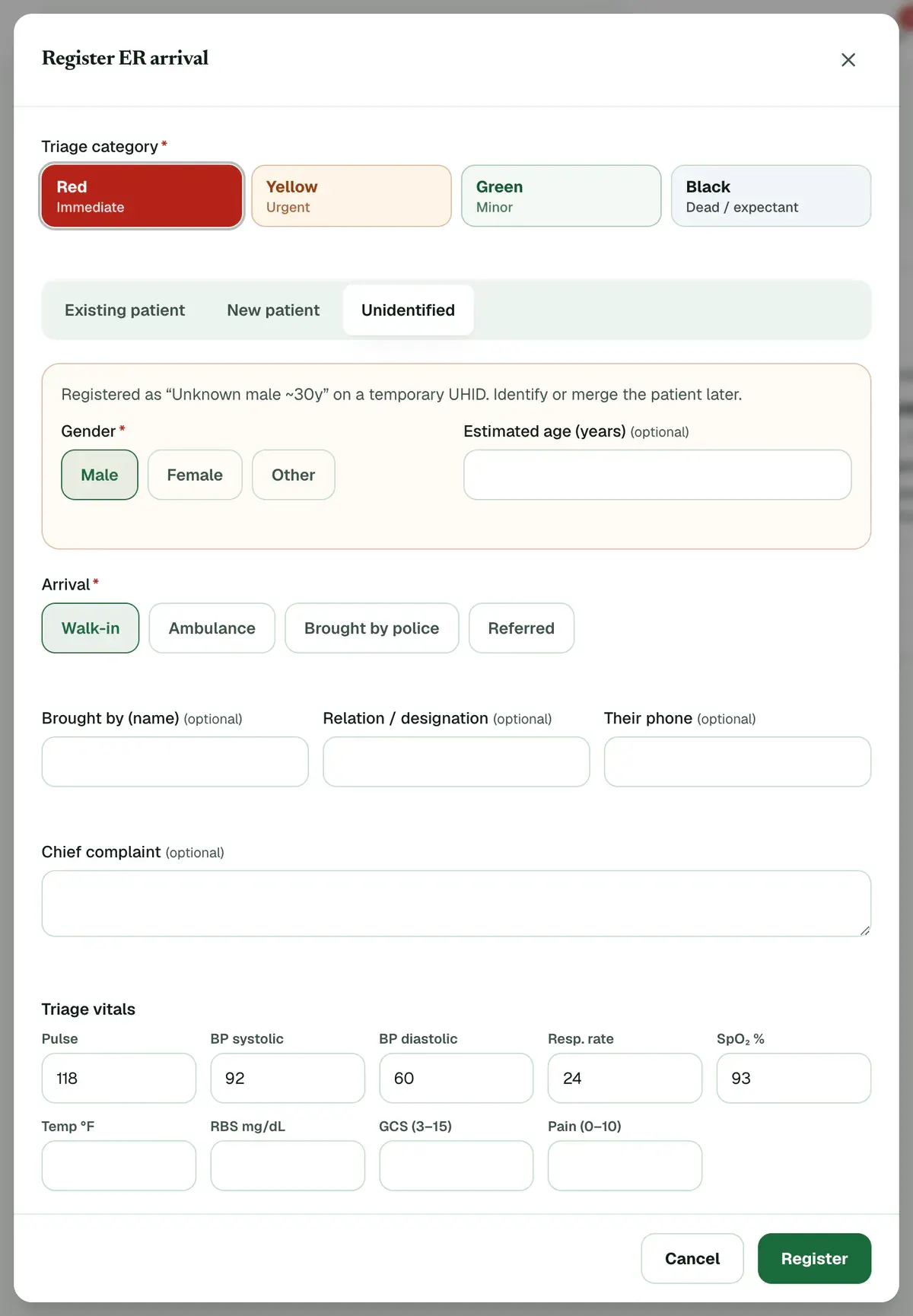 The Register ER arrival form with red chosen, an unidentified patient and triage vitals filled in. The triage colours, the Unidentified option and the Register button are highlighted.