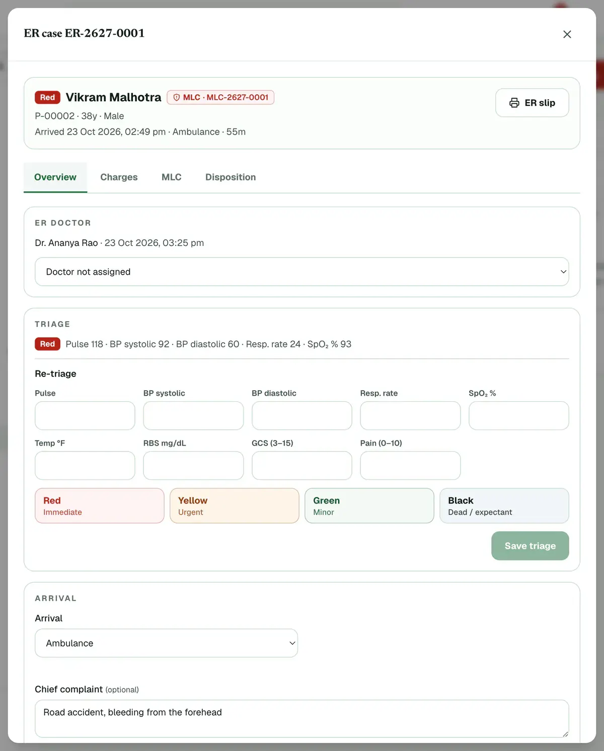 An ER case open on the Overview tab, with the Re-triage colour buttons and the Save triage button highlighted.