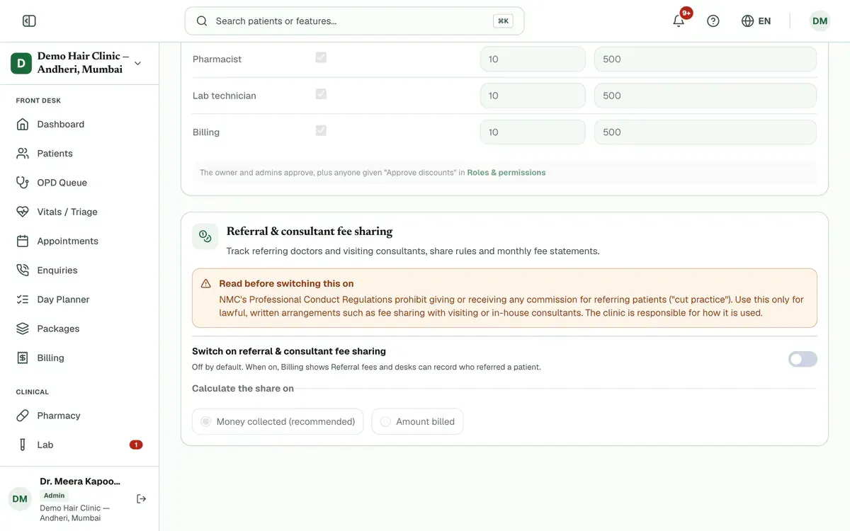 The referral and consultant fee sharing section with the NMC note to read first and the switch, which is off.