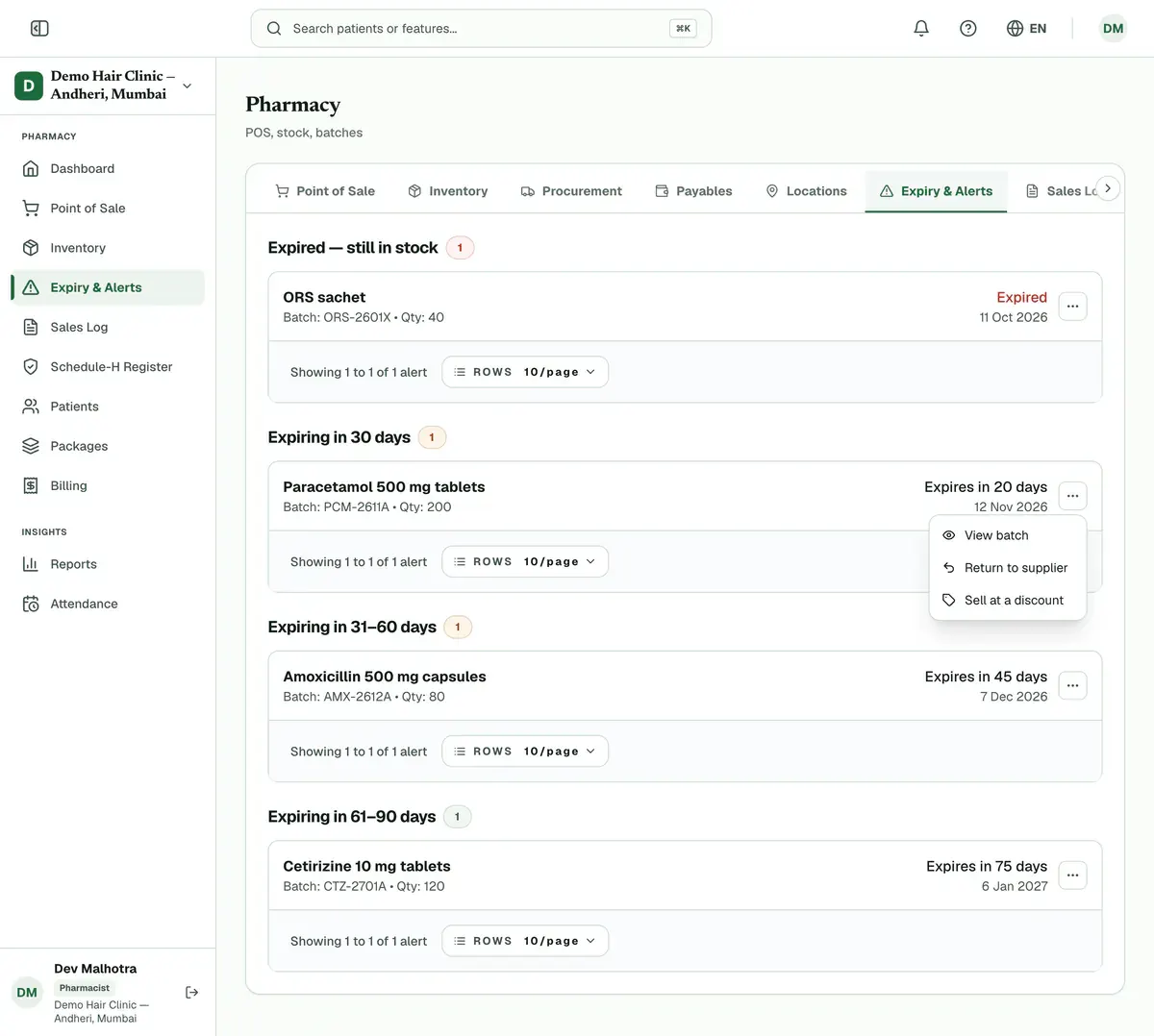 The ⋯ menu open on a batch, listing View batch, Return to supplier and Sell at a discount.
