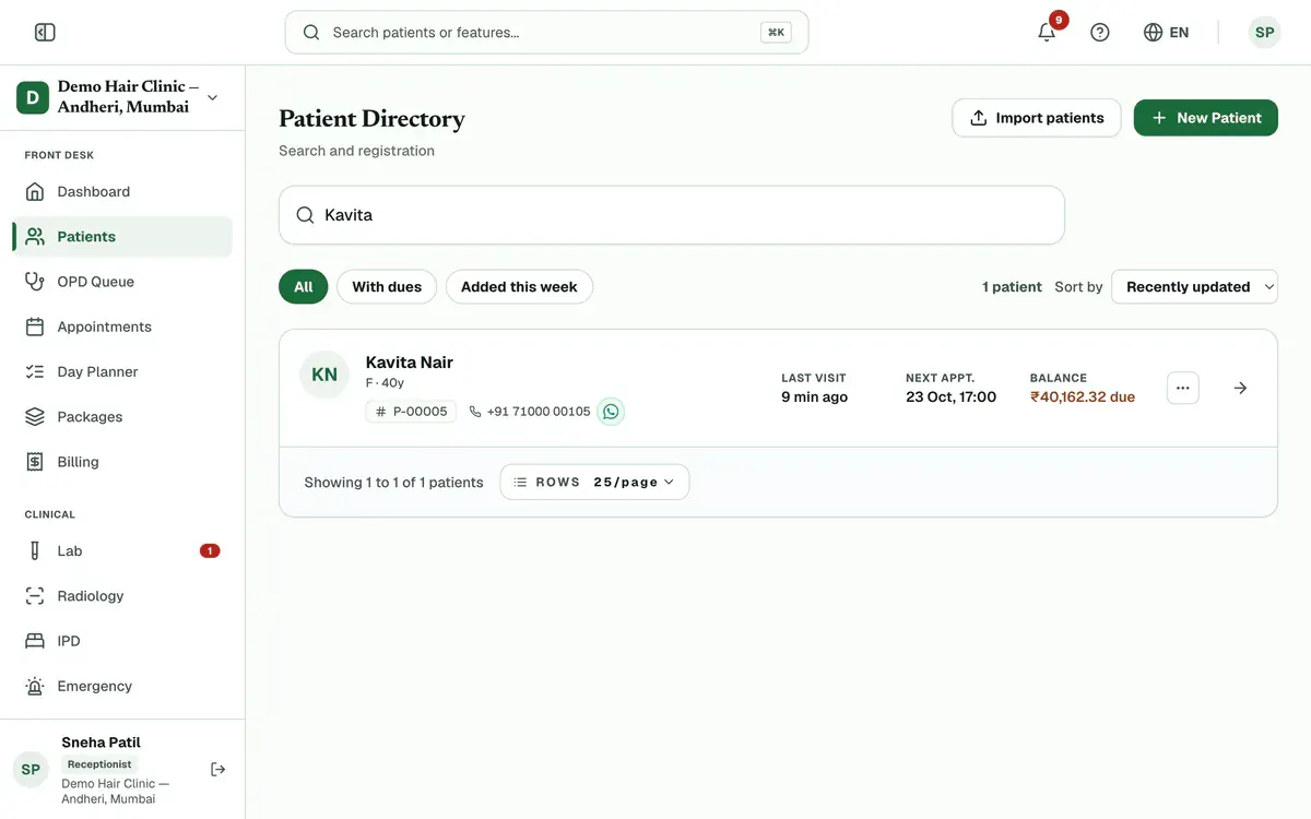 The Patients page with a name typed in the search box. The filter buttons and the matching patient are marked.