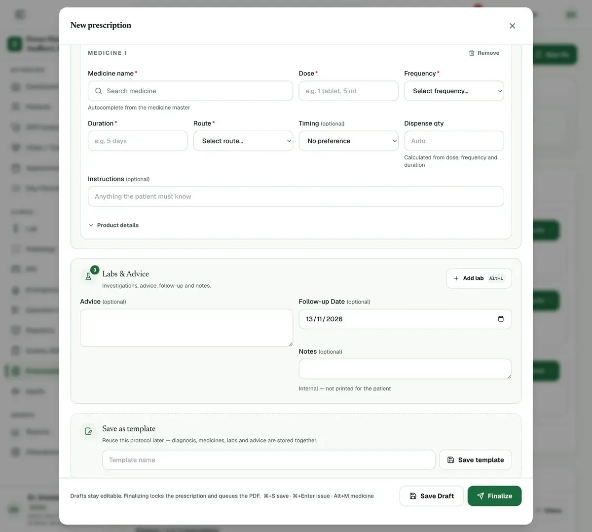 A new prescription with the Follow-up Date box in the Labs and Advice section filled with a date.