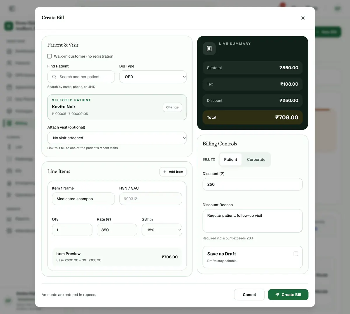 The Create Bill box with a discount of ₹250 typed in Billing Controls and a reason written in the Discount Reason field below it.