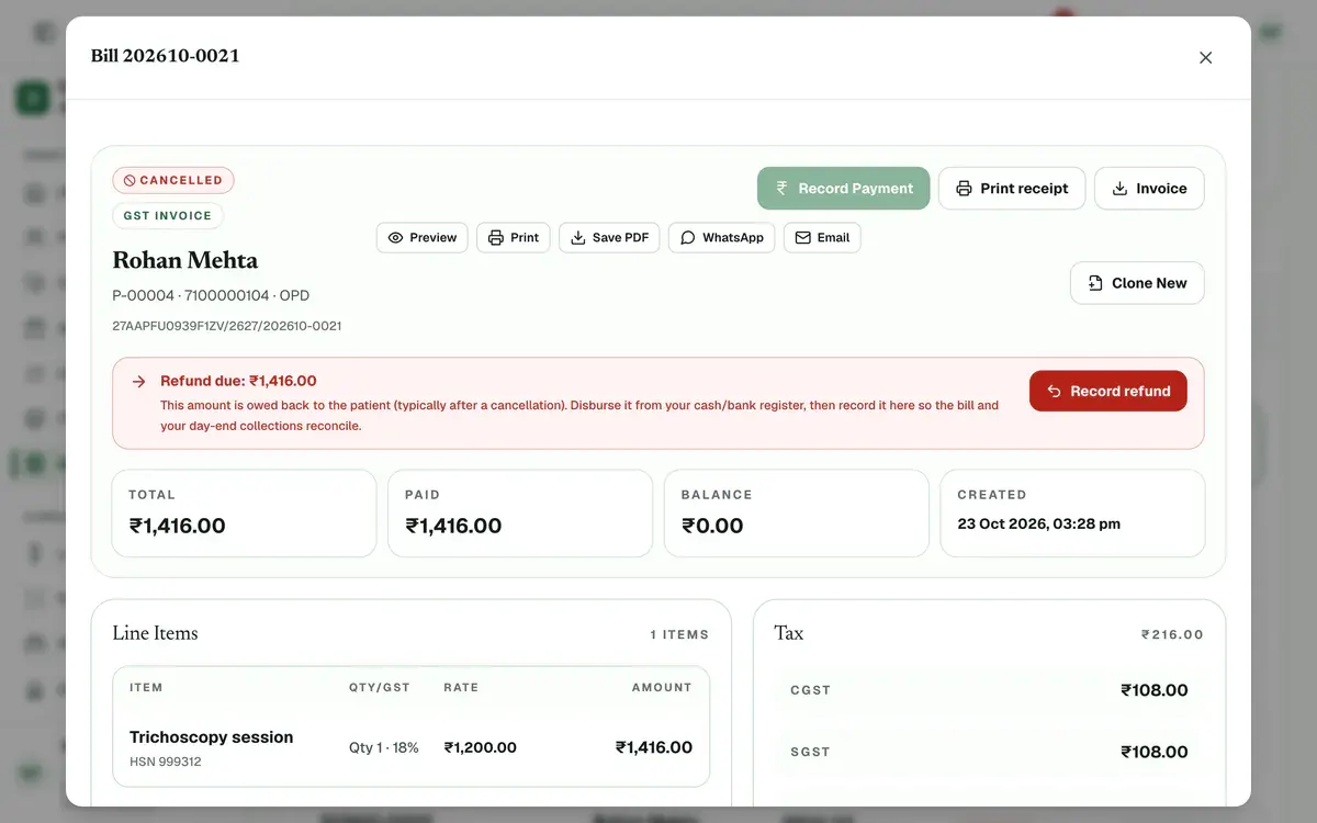 A cancelled bill with a red Refund due banner of ₹1,416.00 and the Record refund button highlighted.