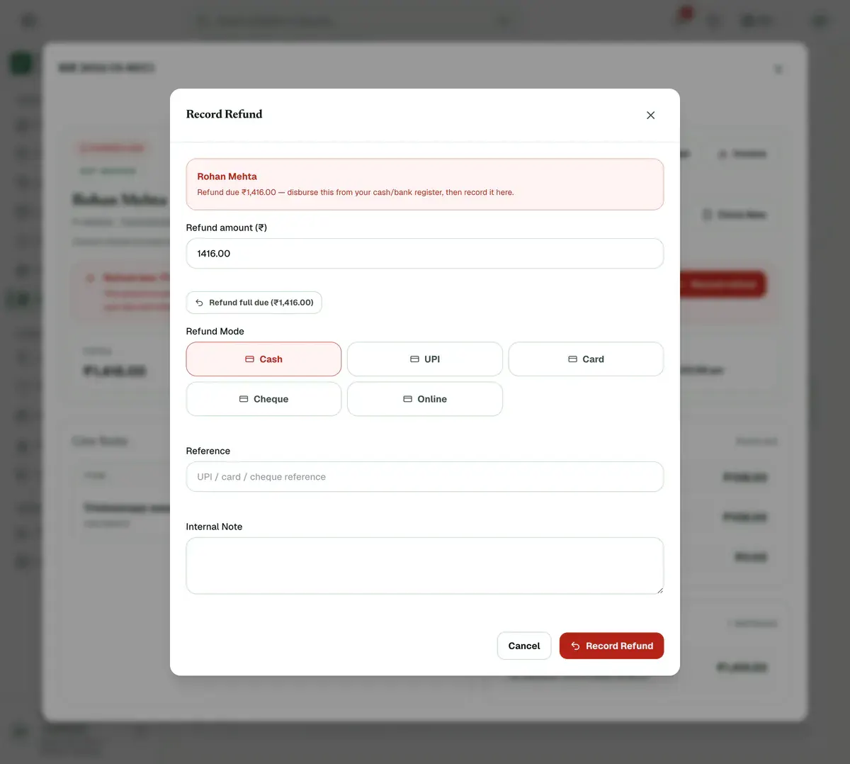 The Record Refund box with the full amount filled in, the Refund full due button, the refund modes and the Record Refund button.