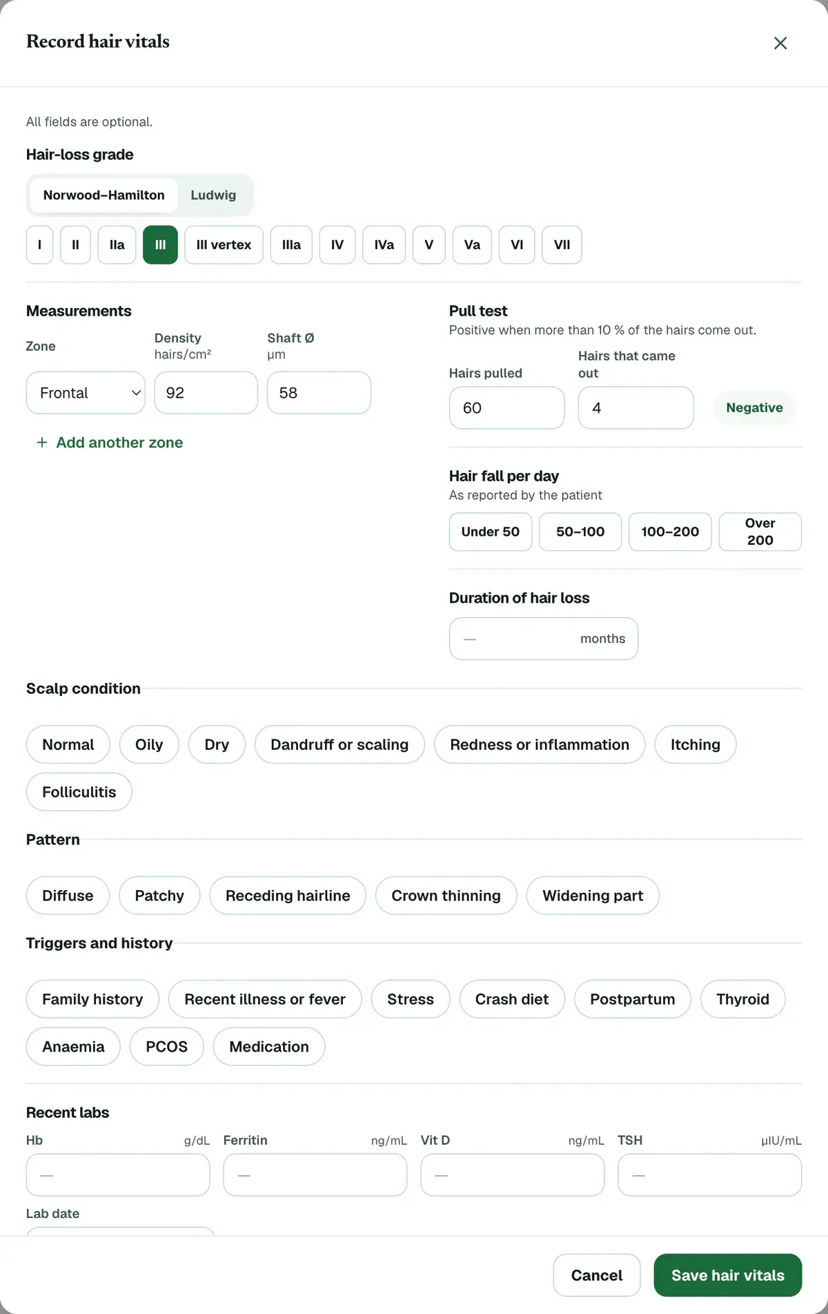 The Record hair vitals form with a grade picked, density and shaft diameter filled in for the frontal zone, the pull test filled in, and the Save hair vitals button.