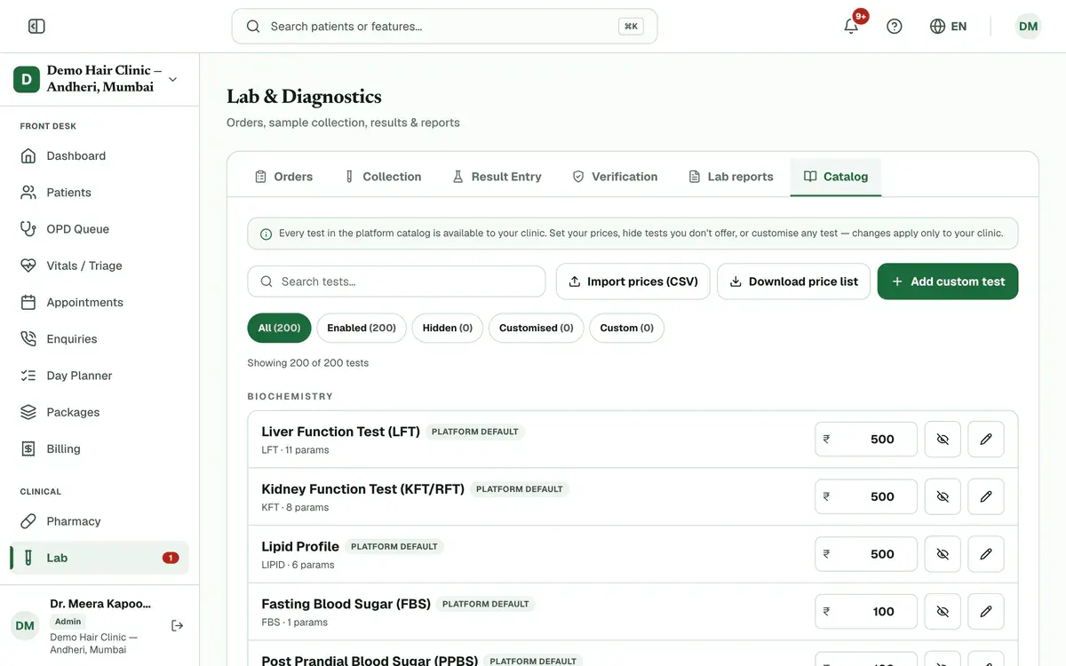 The Catalog tab with the tab bar, the search box and the Add custom test button highlighted.