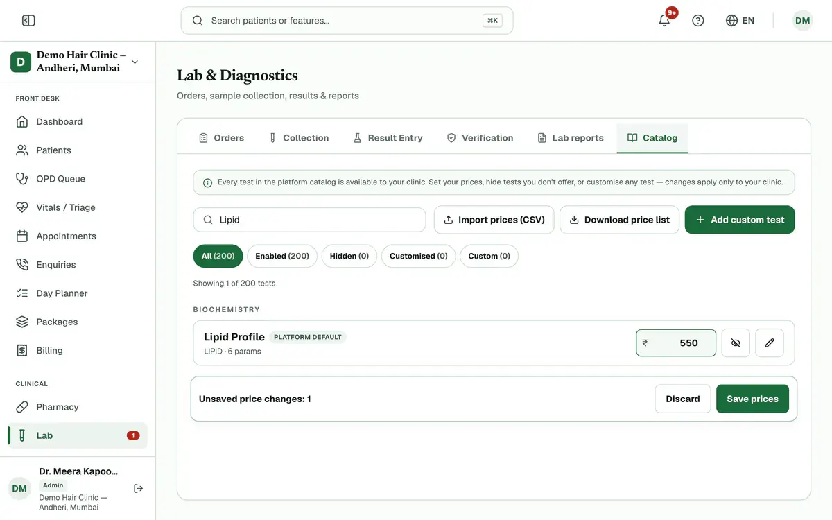 A new price typed on a test row, with the Save prices button highlighted.
