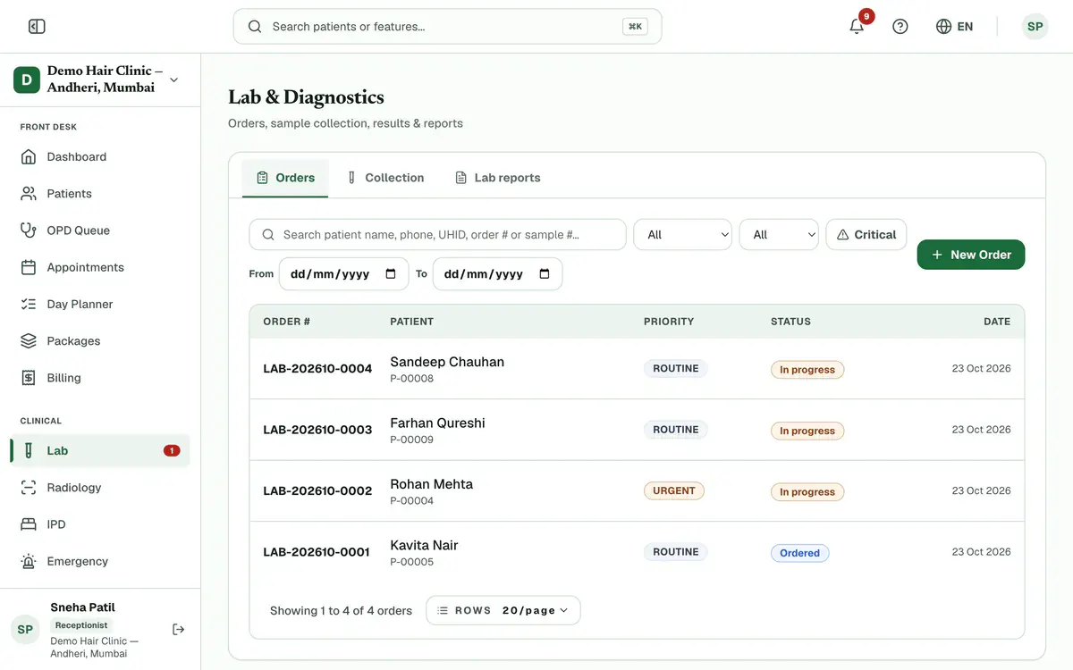 The Lab page on the Orders tab, with the lab tabs and the New Order button highlighted.