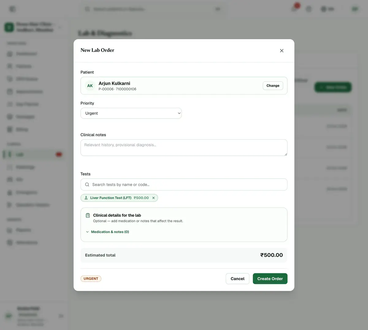The New Lab Order form with a patient and a test picked, Urgent chosen as the priority, and the Create Order button highlighted.